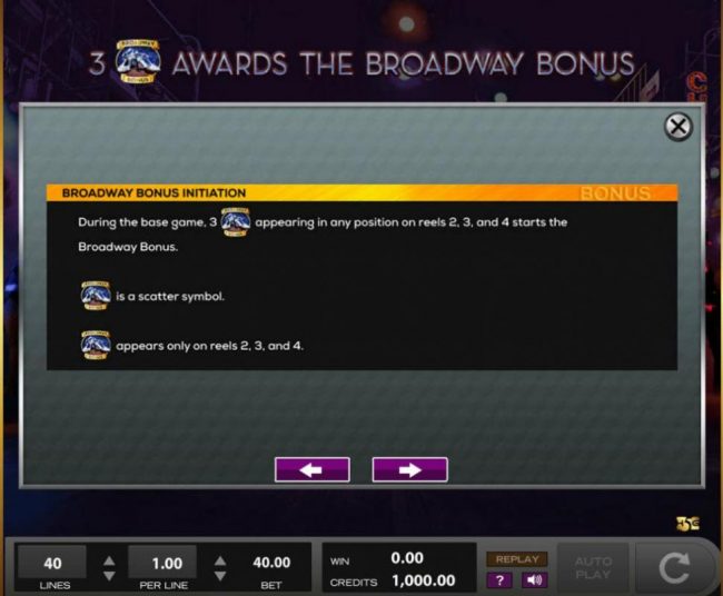 3 Broadway Bonus symbols appearing in any position on reels 2, 3 and 4 starts the Broadway Bonus.
