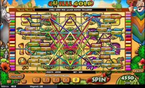 Free games bonus triggered and 4550 credits awarded with multiple winning lines