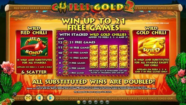 Wild Red Chilli Bonus symbol is wild and ubstitutes for all symbols. Appears on reels 2, 3 and 4, also the scatter symbol. 6 or more will award free games.