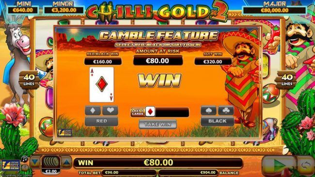 Gamble feature game board is available after every winning spin. For a chance to increase your winnings, select the correct color or suit of the next card or take win.