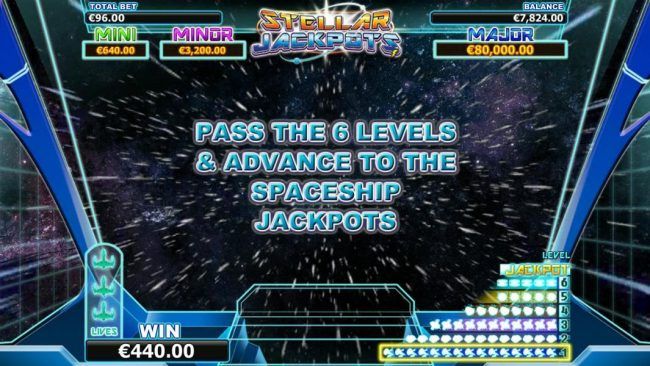Stellar Jackpots game board - Pass the 6 levels and advance to the spaceship jackpots.
