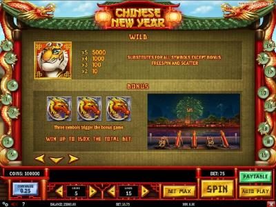The tiger symbol is wild and substitutes for all symbols except bonus, free spins and scatter. The Tiger symbol is the highest valued icon on the game board. Get a five of a kind and the payout is 5000x your bet.