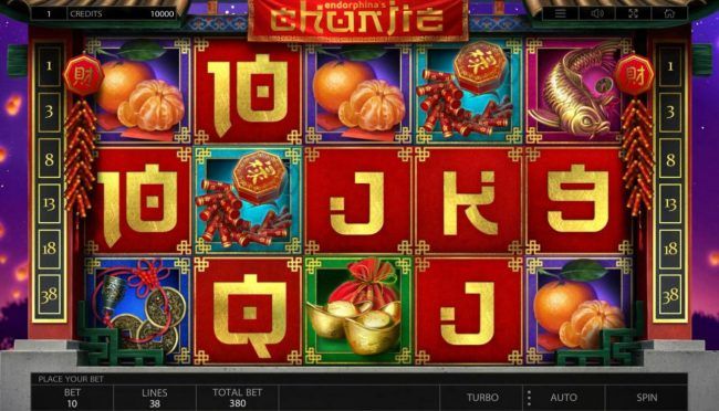 A Chinese New Year themed main game board featuring five reels and 38 paylines with a $337,440 max payout