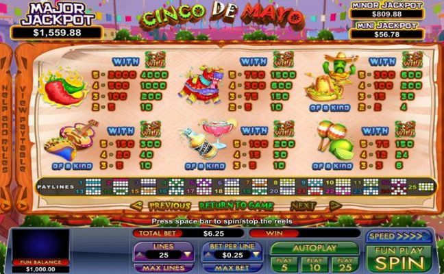 Slot game symbols paytable and Payline Diagrams 1-25.