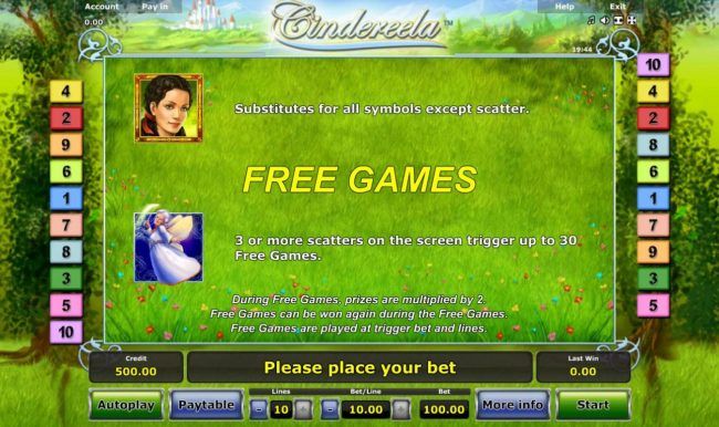 Cinderela is the games wild symbols and substitutes for all symbols except scatters. The Fairy God-Mother symbol is the games scatter and 3 or more scatters on the screen triggers up to 30 free spins.