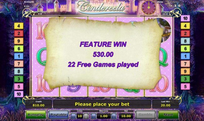 Free Games feature pays out a total of 530.00 after completing 22 free spins.