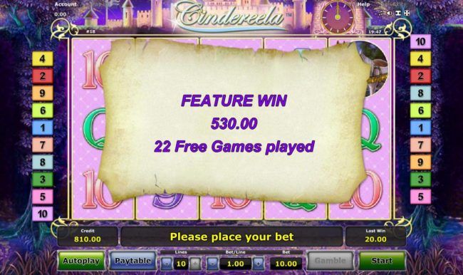 Free Games feature pays out a total of 530.00 after completing 22 free spins.