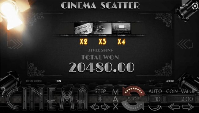 Cinema Scatter feature pays out a total of 20480.00