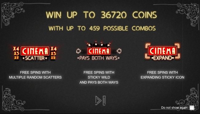 Game features include: Scatter, Pays Both Ways and Expanding Sticky Wilds with a chance to win up to 36720 coins