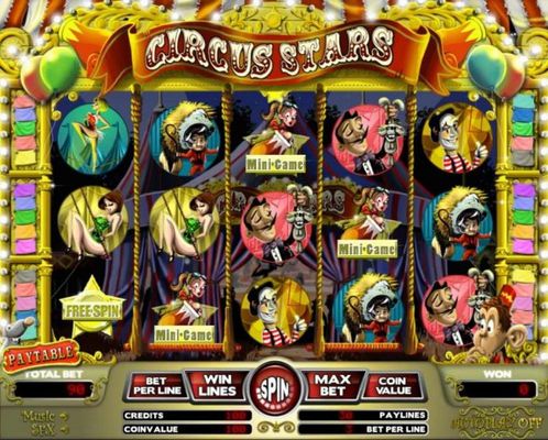 Main game board featuring three reels and 5 paylines with a $12,000 max payout. Featuring a circus theme.