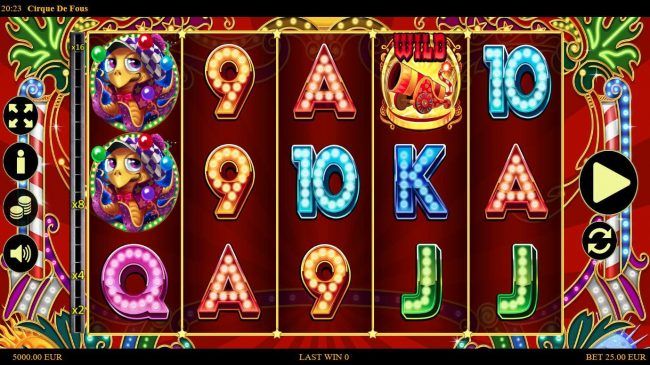 Main game board featuring five reels and 25 paylines with a $3,000 max payout.
