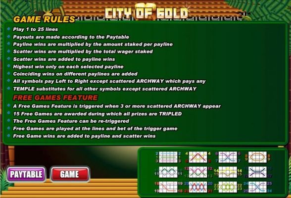 General Game Rules, Free Games Feature and Payline Diagrams 1-25.