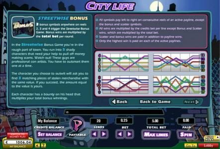 Streetwise Bonus Feature game rules and payline diagrams