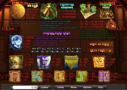 general game rules, payline diagrams, wild, free spins, feature game and slot game symbols paytable