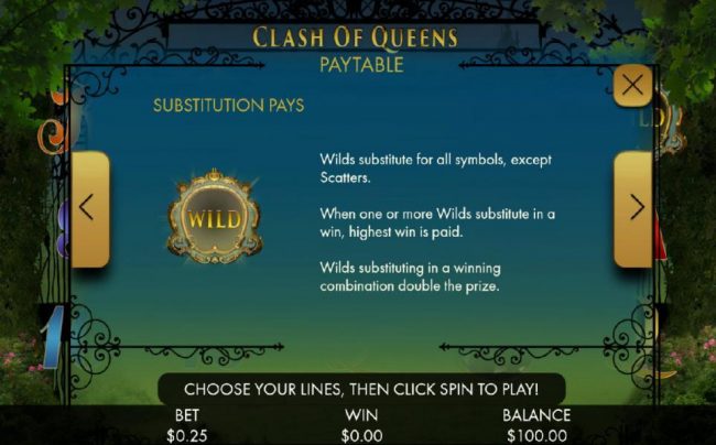 Wilds substitute for all symbols, except scatters. When one or more wilds substitute in a win, highest win is paid. Wilds substituting in a winning combination double the prize.