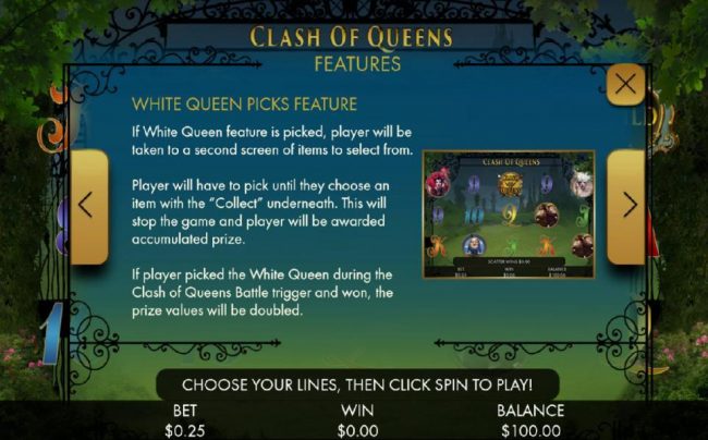 White Queen Picks feature game rules. If White Queen feature is picked, player will be taken to a second screen of items to select from.