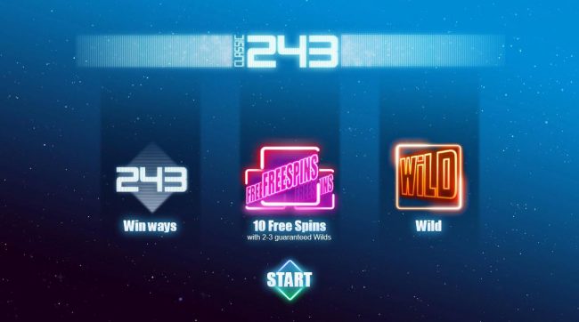 Game features include: 243 Win Ways, 10 Free Spins with 2-3 guaranteed wilds and Wild symbols.
