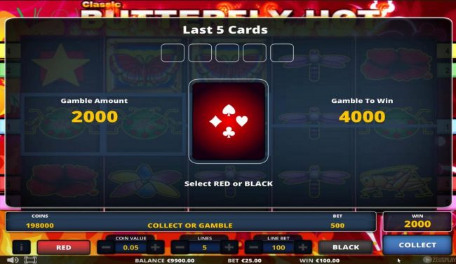 Gamble Feature - To gamble any win press Gamble then select Red or Black.