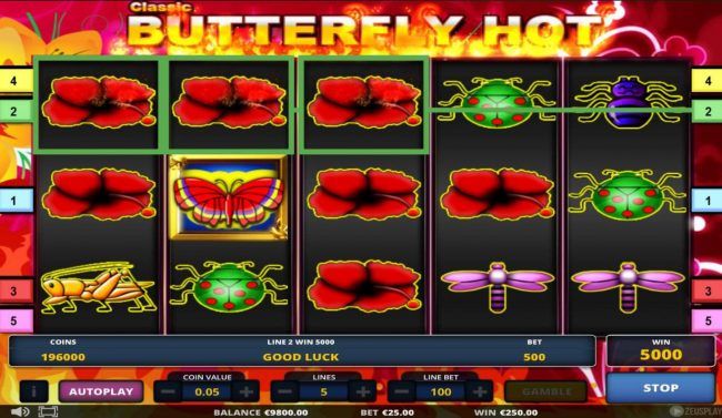 A 5000 coin jackpot triggered by red flower 3 of a kind.