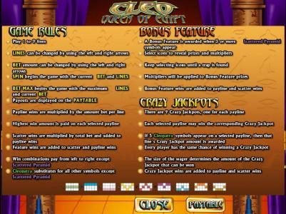 game rules, bonus feature and crazy jackpots