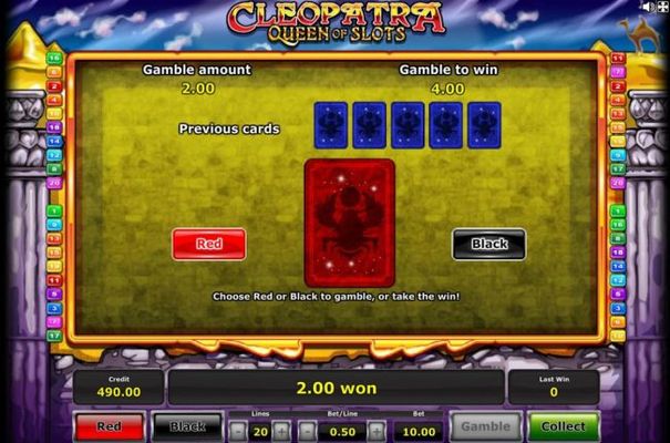 Gamble Feature - To gamble any win press Gamble then select Red or Black.