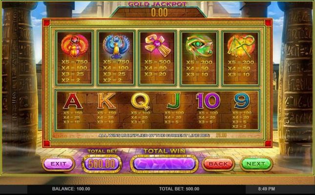 Slot game symbols paytable.