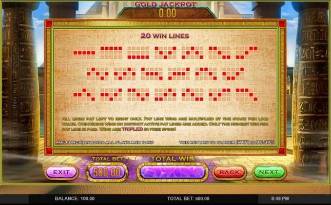 Payline Diagrams 1-20. All lines pay left to right only. The Return to Player (RTP) is 96.37%