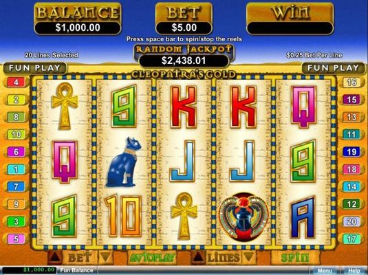 An Egyptian themed main game board featuring five reels and 20 paylines with a $12,500 max payout