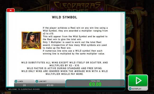 Wild Symbol Rules - If the player achieves a Reel win on any win line using a wild symbol, they are awarded a multiplier ranging from x2 to x10.