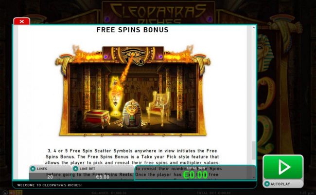 Free Spins Bonus - 3, 4 or 5 free spin scatter symbols anywhere in view initiates the Free Spins Bonus.