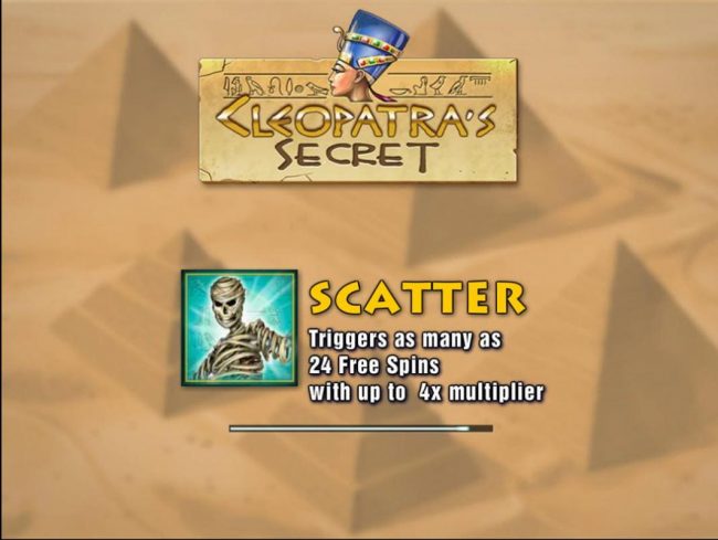 Game features include: Free Spins! 3 or more mummy scatter symbols trigger as many as 24 Free Spins with up to 4x multiplier.