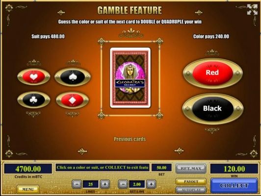 Gamble Feature - To gamble any win press Gamble then select color or a suit.