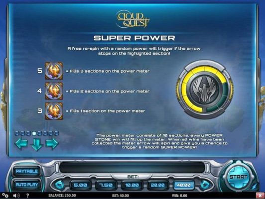 Super Power - A free re-spin with a random power will trigger if the arrow stops on the highlighted section. The power meter consists of 10 sections, every power stone win will fill up the meter. When all wins have been collected the meter arrow will spin