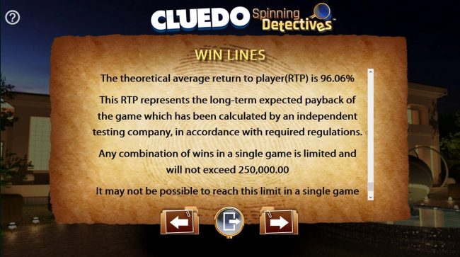 The theoretical return to player (RTP) for this game is 96.06%. Any combination of wins in a single game is limited and will not exceed 250,000.