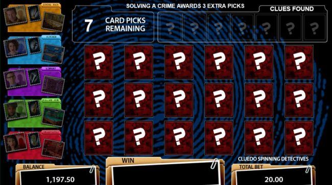 You have 7 picks to solve the crime. Solving a crime awards 3 extra picks. With each pick you will reveal a prize award.