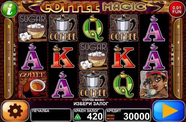 A coffee themed main game board featuring five reels and 21 paylines with a $100,000 max payout