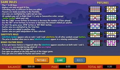 game rules, wild rules, bonus feature rules and payline diagrams