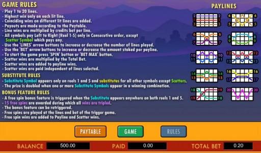 game rules, wild rules, bonus feature rules and payline diagrams