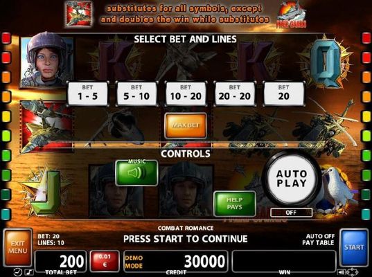 Select Bet and Lines - 1 to 10 Lines and 1 to 20 coins per line.