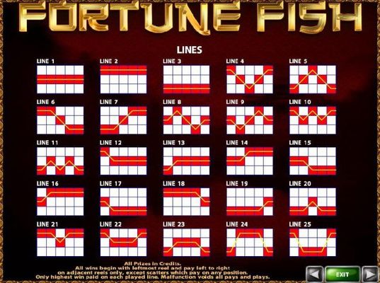 Payline Diagrams 1-10. All wins begin with the leftmost reel and pay left to right on adjacent reels only, except scatters which pay on any position.