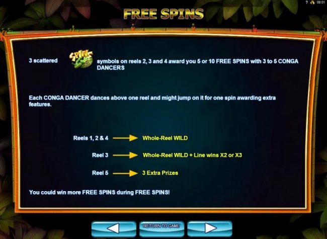 3 scattered SPINS symbols on reels 2, 3 and 4 award you 5 or 10 free spins with 3 to 5 conga dancers