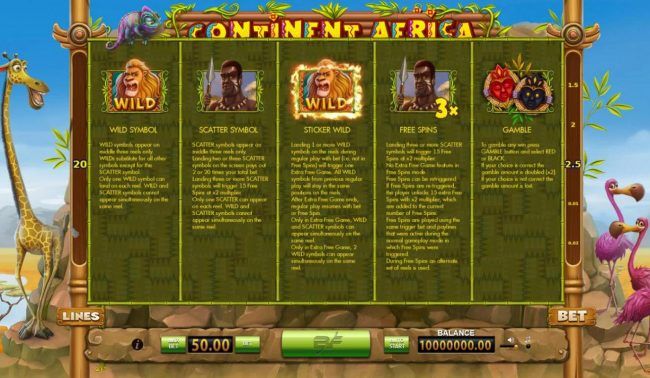 Wild, Scatter, Sticky Wild, Free Spins and Gamble Feature Rules.