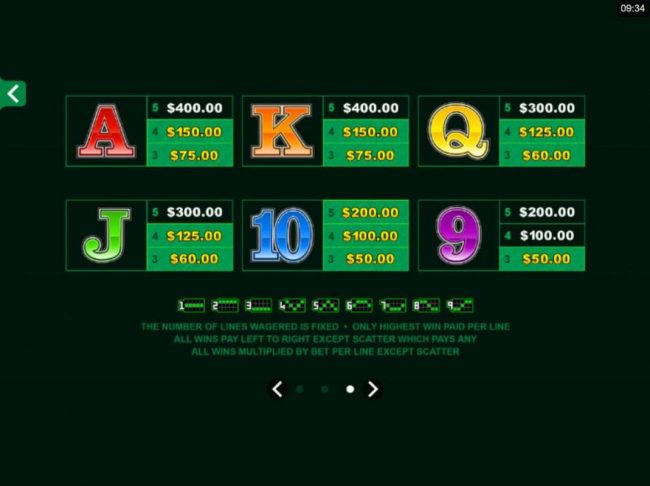 Low value game symbols paytable and payline diagrams 1-9.