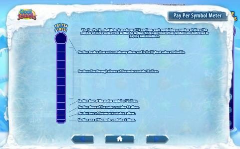 Pay Per Symbol Meter - The pay per symbol meter is made up of 12 sections, each containing a number of slices. The number of slices varies from section to section. Slices are filled when symbols are destroyed in paying combinations