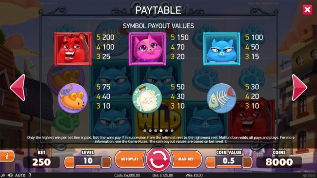 High value slot game symbols paytable.