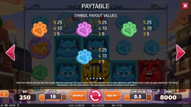 Low value game symbols paytable.