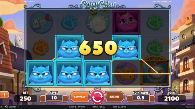Blue cat symbols triggers a 650 coin payout.