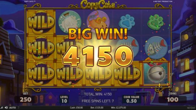 Copy Cats Wild Feature triggers a 4150 coin big win during the free games feature.
