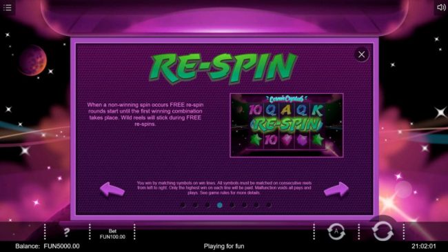 Re-Spin Feature Rules - When a non-winning spin occurs Free Re-Spin rounds start until the first winning combination takes place.
