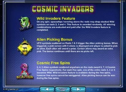 Wild Invaders Feature, Alien Picking Bonus and Cosmic Free Spins